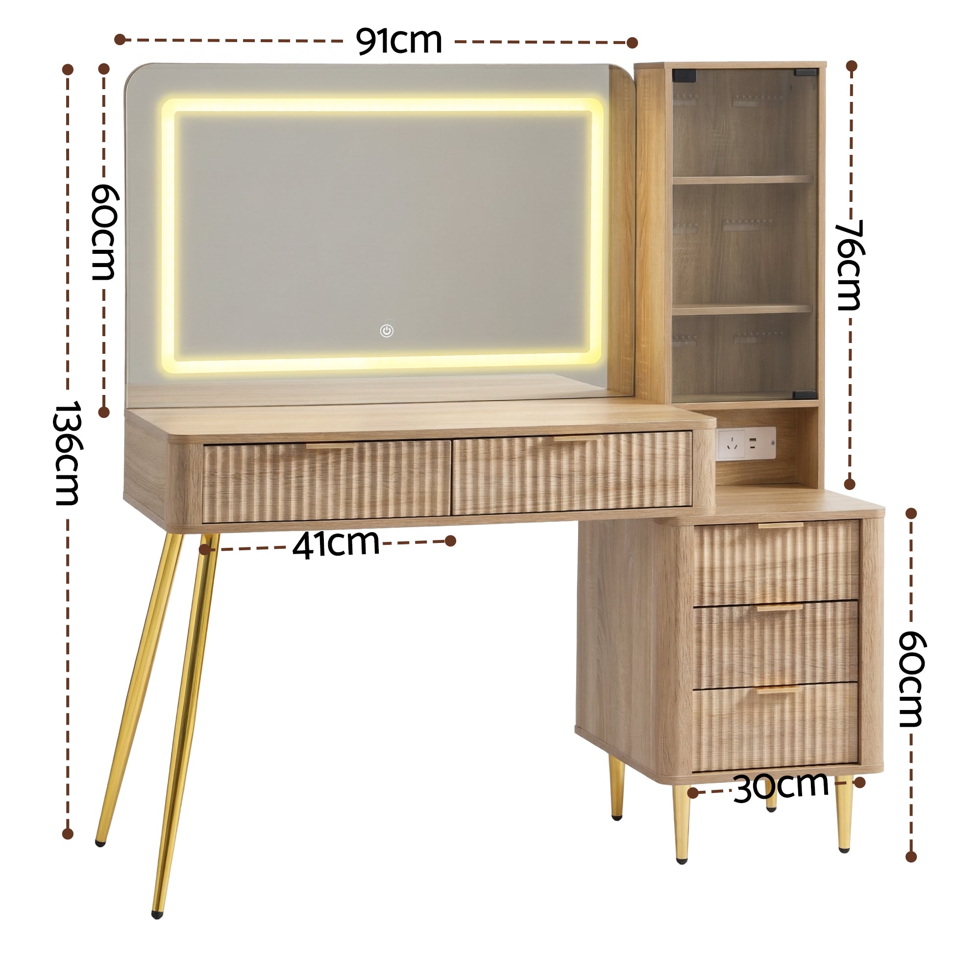 Marston LED Dressing Table with Charging Station – Wood – 121 cm