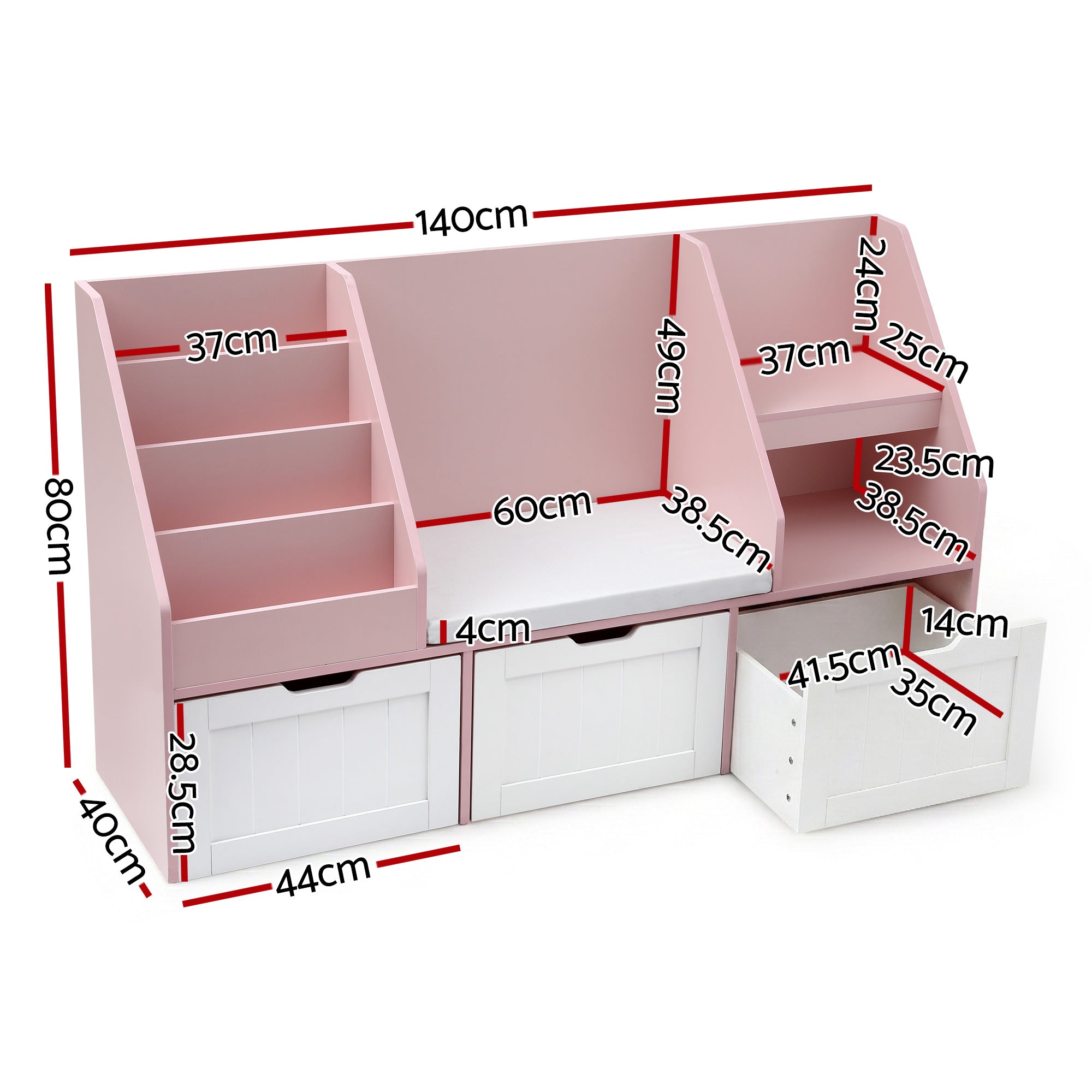 Halston Kids Storage Bookshelf with Bench – Pink – 140 cm