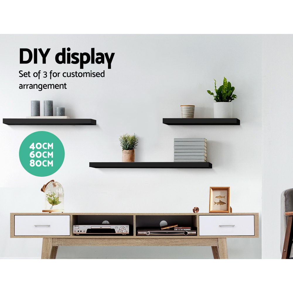 Hover Floating Wall Shelves – Black – Set of 3
