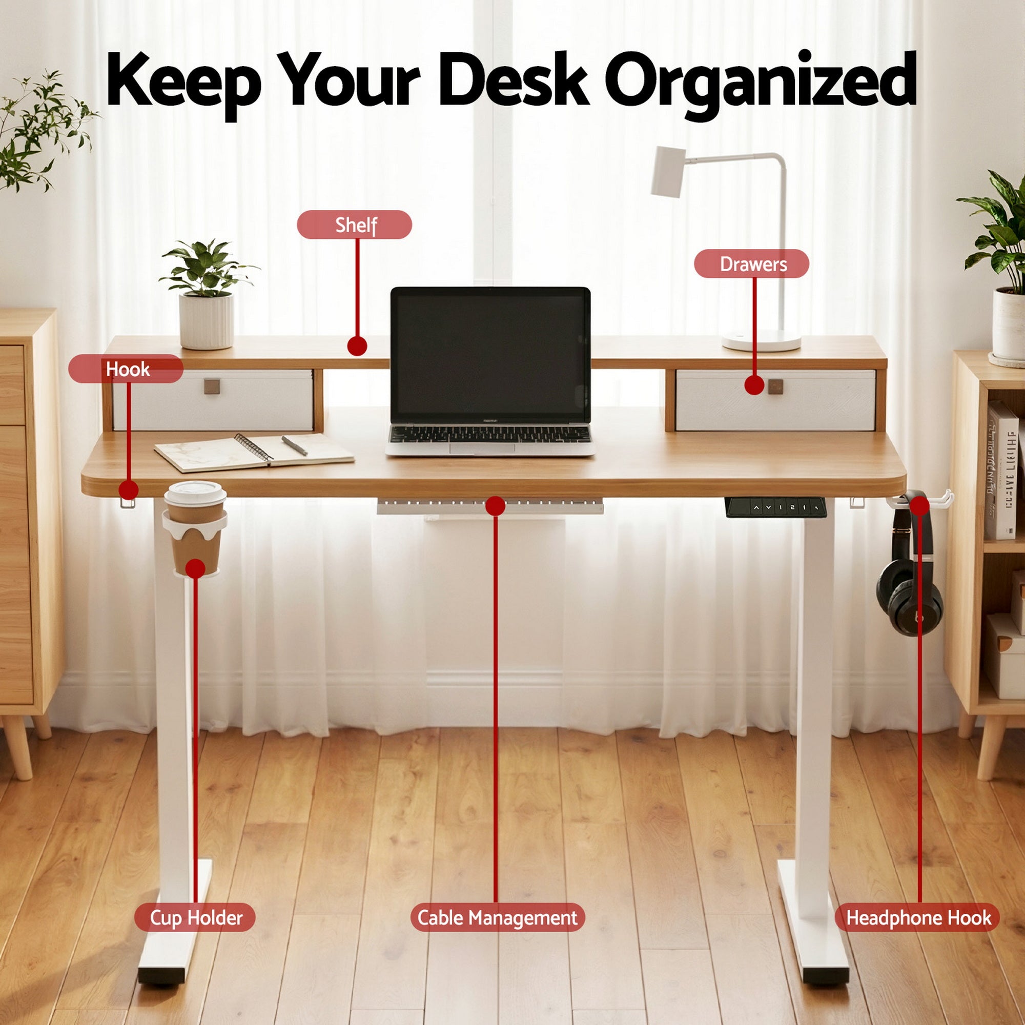 Kelton Electric Sit Stand Desk with Shelf – Oak & White – 120cm
