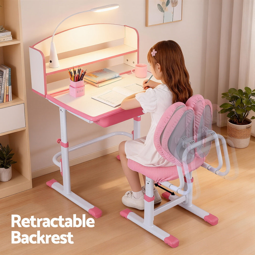 Zara Ergonomic Study Desk and Chair Set – Pink – With LED Lamp