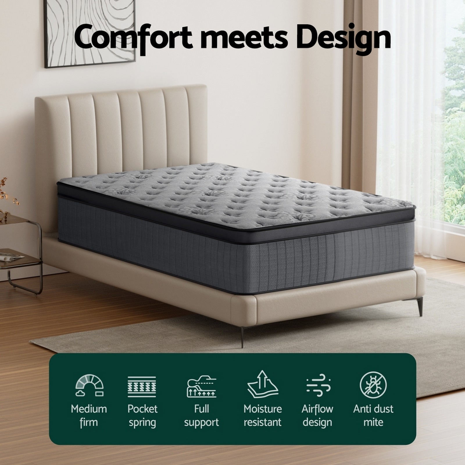 Meridia Cool Gel Memory Foam Euro Top Mattress – Grey – Single