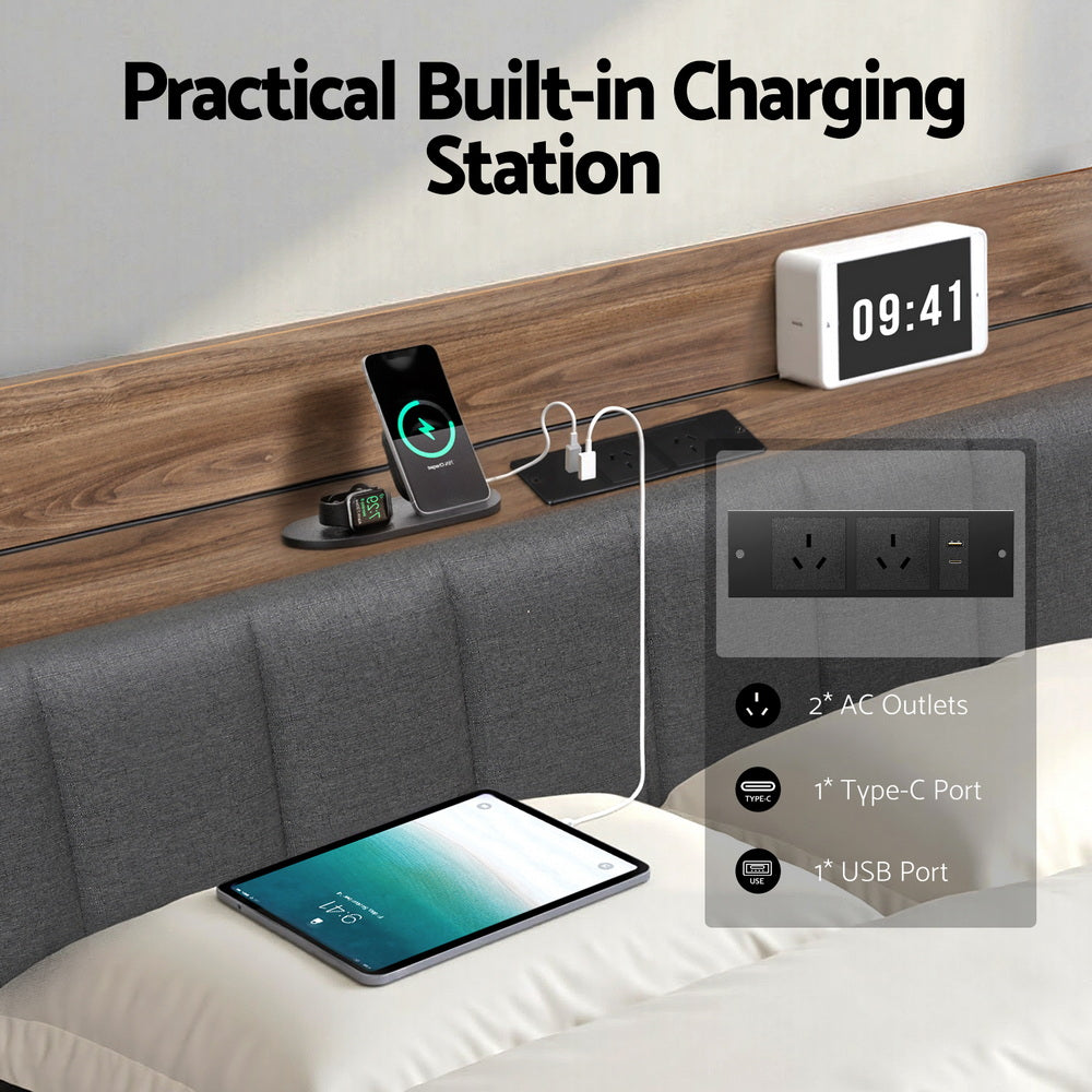 Rowan Storage Bed Frame with Charging Station – Grey – Double