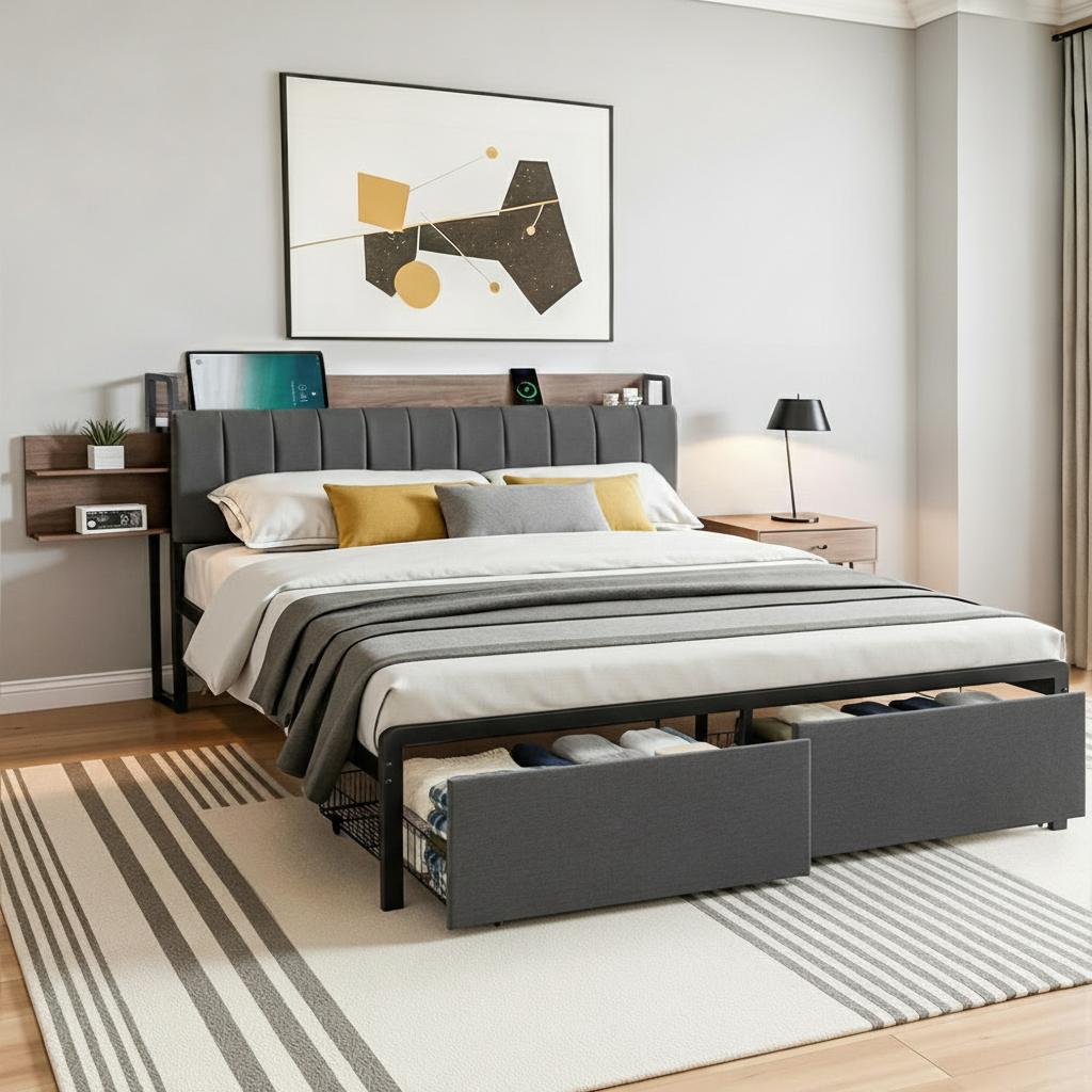 Rowan Metal Bed Frame with 2 - Tier Hidden Storage with Charging Station – King