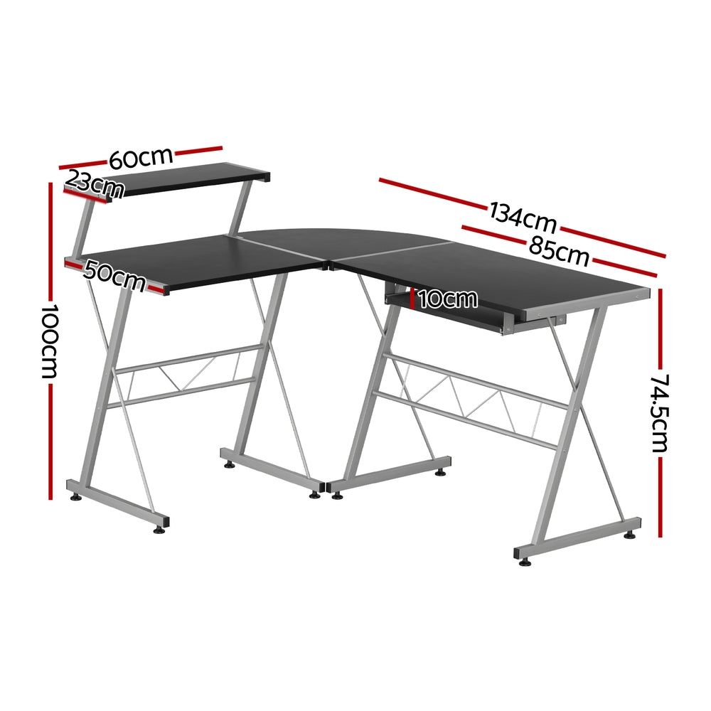 Elle L-Shape Computer Desk with Keyboard Tray – Black – 134cm