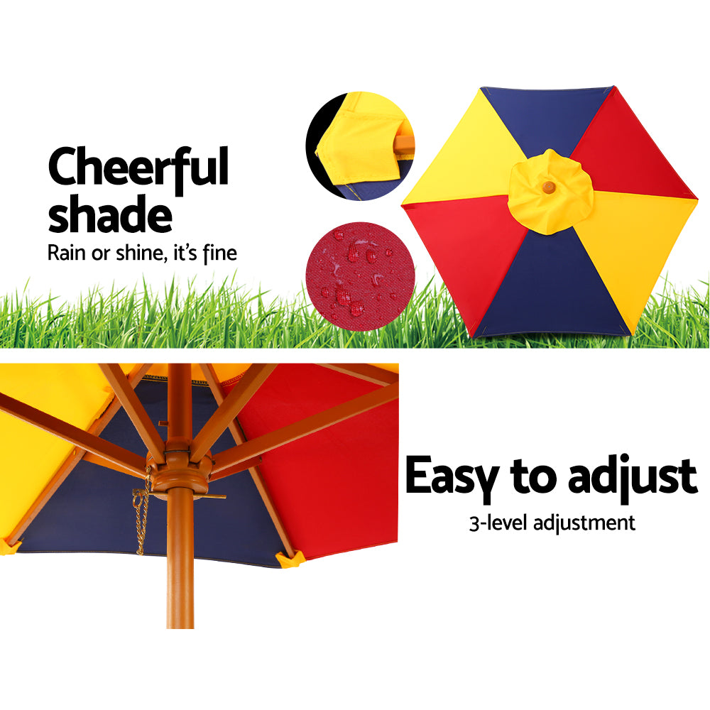 Solara Kids Picnic Set with Umbrella – Natural Wood – Table & Benches