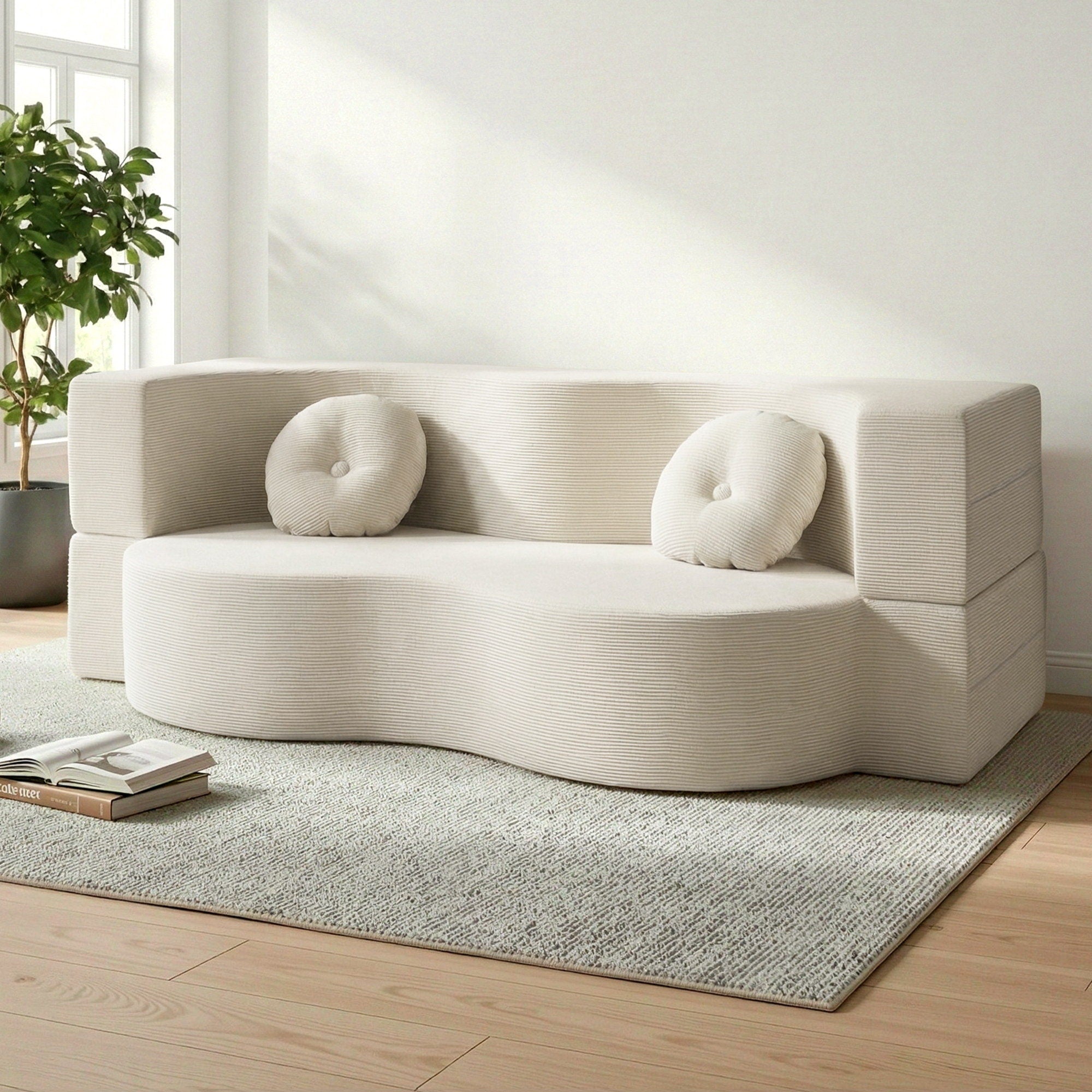 Folding Sofa Bed Floor Couch 2 - in - 1 Convertible Futon Loveseat Beige
