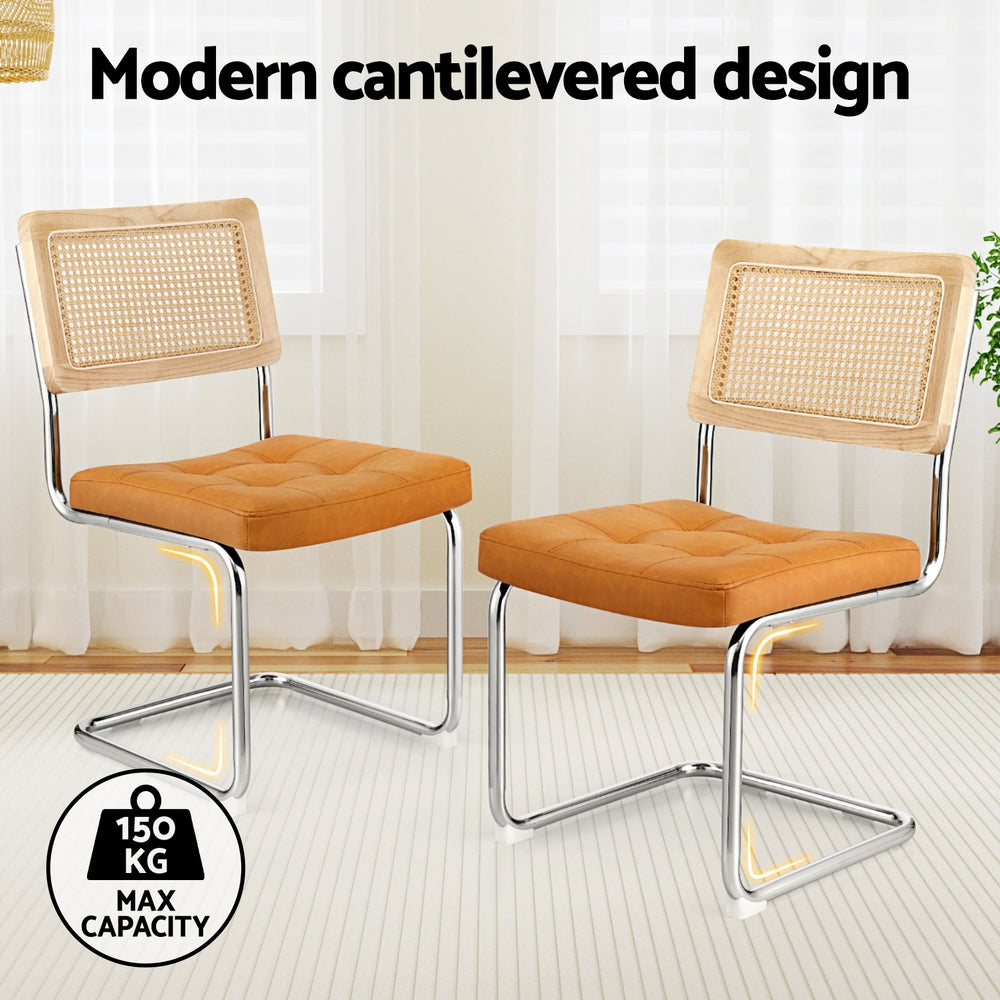 Coastal Cantilever Dining Chairs – Brown PU Leather & Rattan – Set of 2