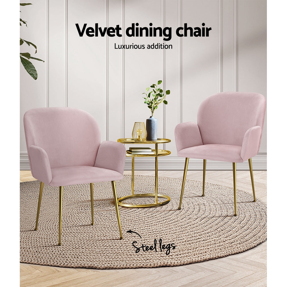 Kynsee Velvet Armchair Dining Chairs – Pink – Set of 2