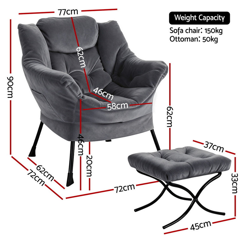 Ardelle Velvet Armchair with Ottoman – Grey