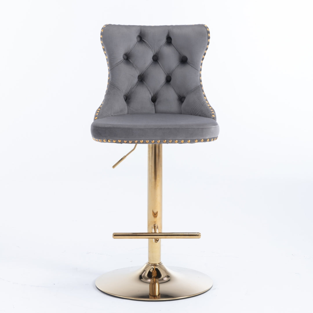 Linden Velvet Swivel Bar Stools with Footrest – Grey – Set of 2