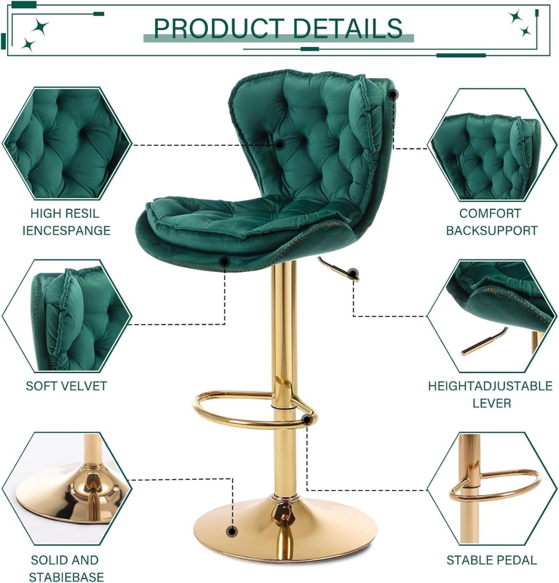 Emerald Velvet Swivel Bar Stools – Green – Set of 2
