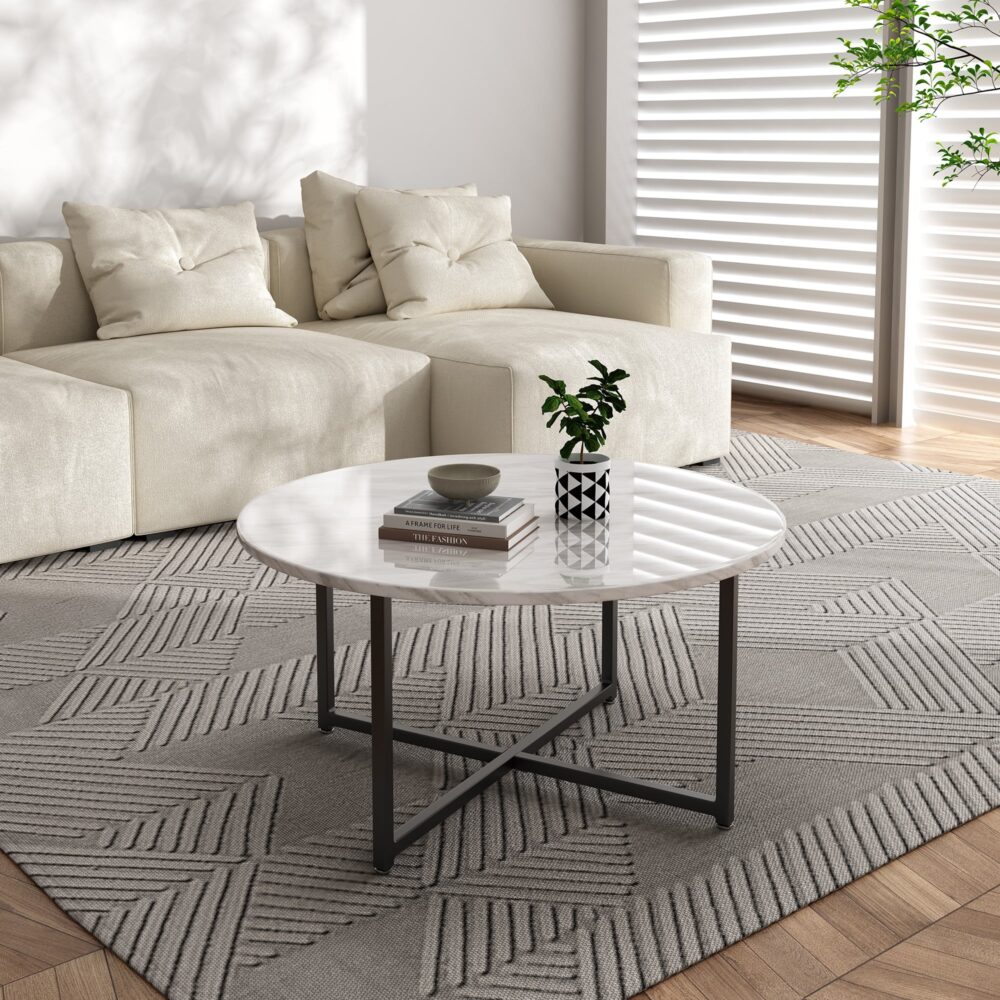 Haven White Marble Effect Round Coffee Table with Black Legs