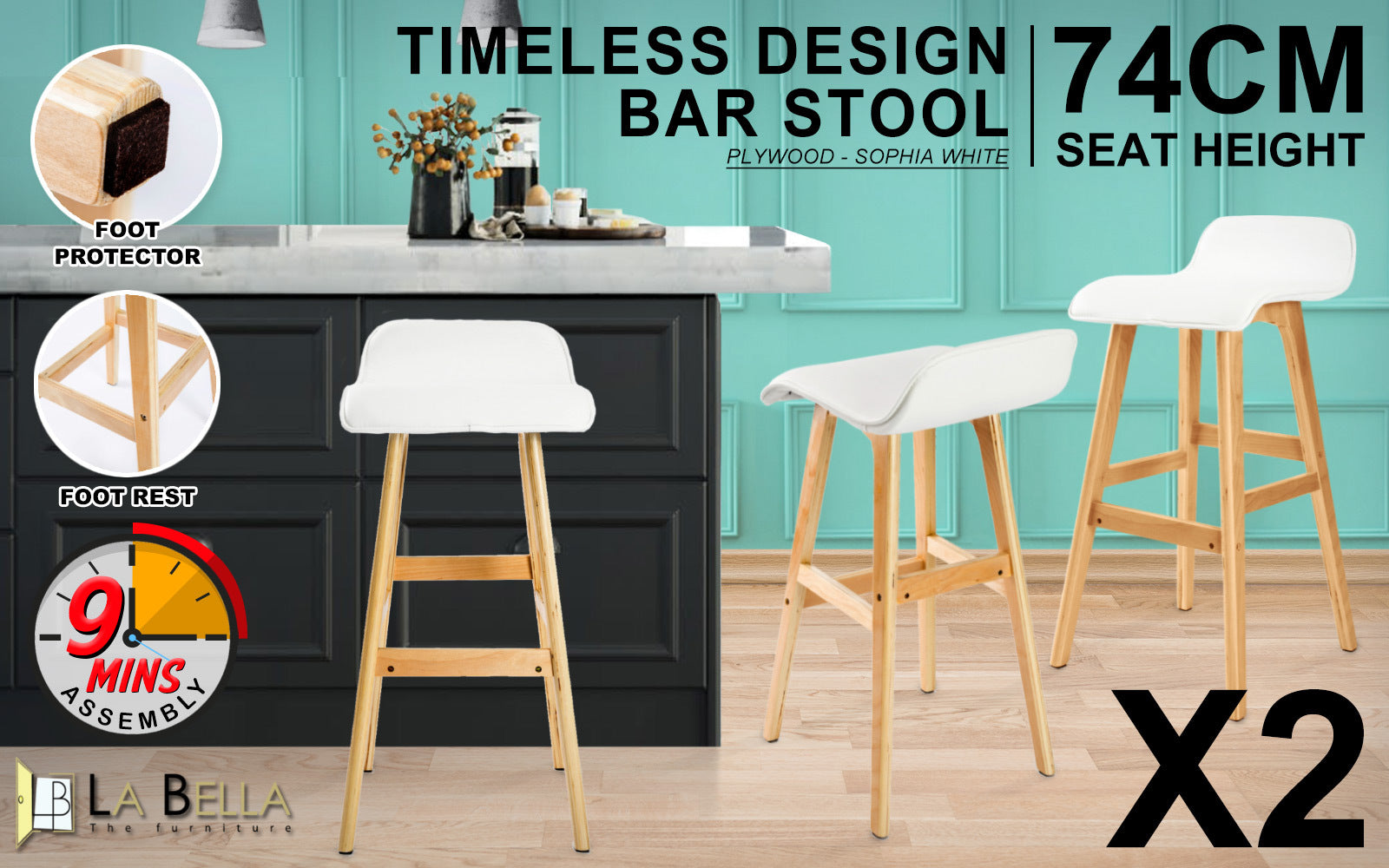 Hudson Leather Bar Stools – White – Set of 2