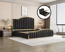 Elegant Bedframe Charcoal Velvet Fabric with Gas Lift Storage and Golden Trim – King