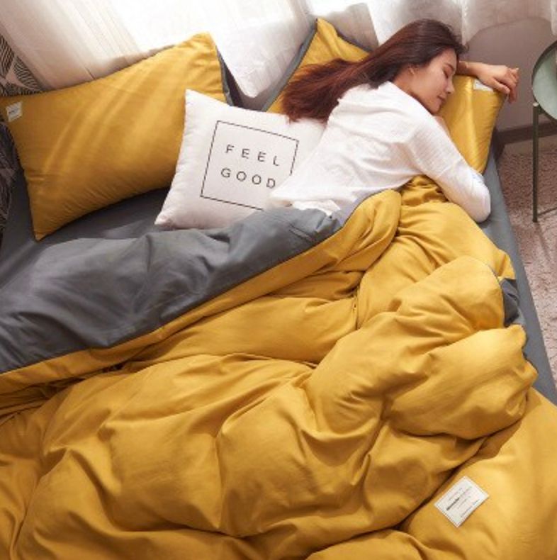 Linden Reversible Quilt Cover Set – Yellow & Grey – Queen