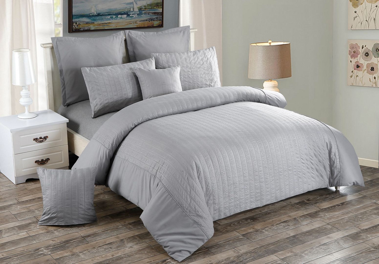 Alderon Seersucker Quilt Cover Set – Grey / Charcoal – King