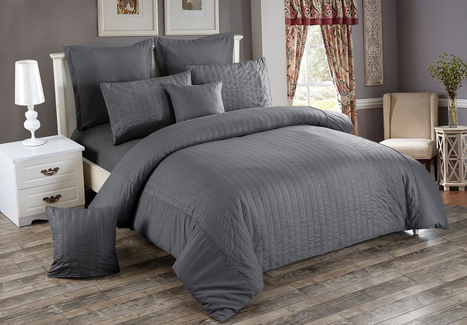 Alderon Seersucker Quilt Cover Set – Grey / Charcoal – King
