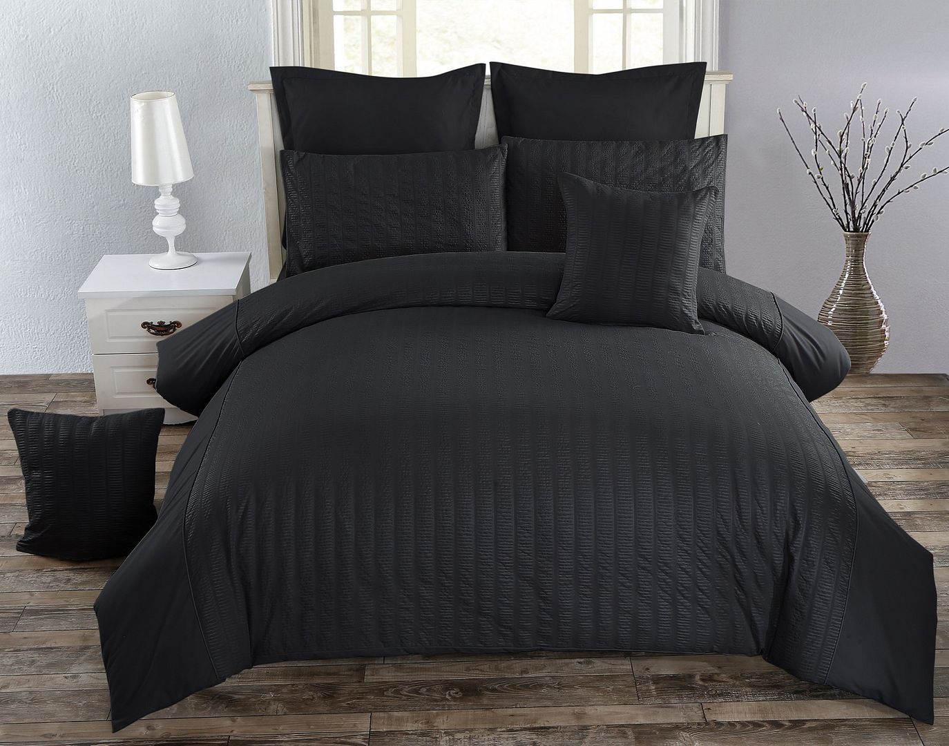 Seersucker Black Duvet Quilt Cover Set – Super King