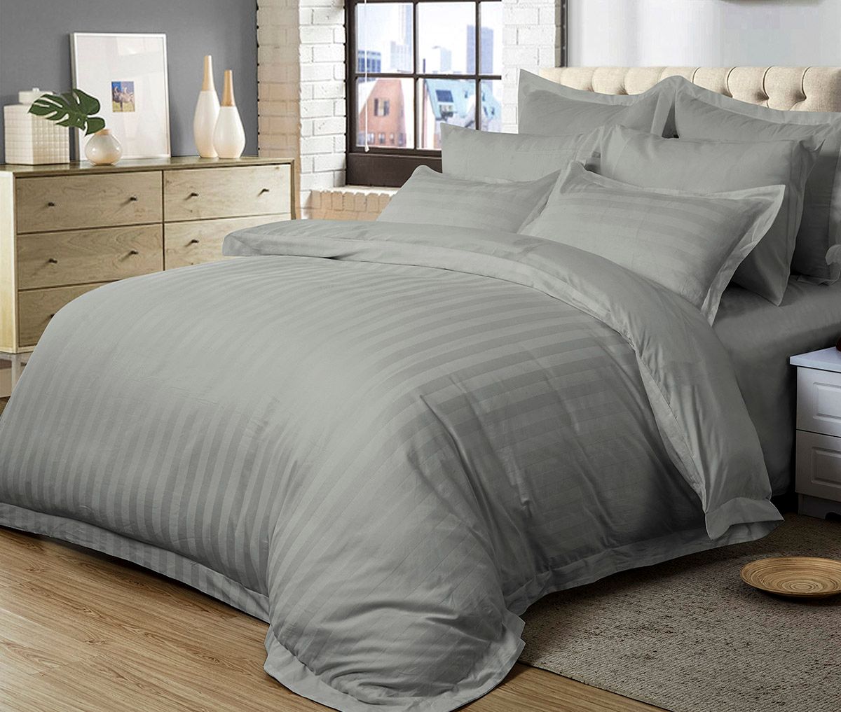 Arlo 1000TC Ultra Soft Striped Grey Duvet Quilt Cover Set – Queen