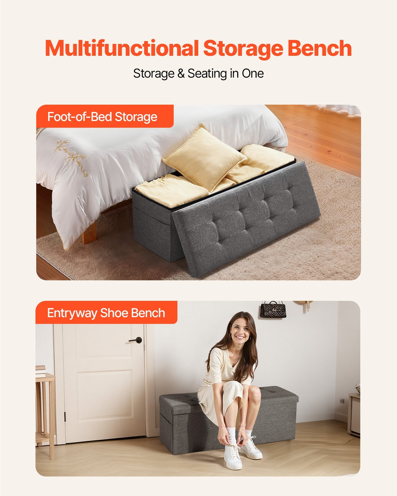 Harlow Foldable Storage Ottoman Bench – Grey