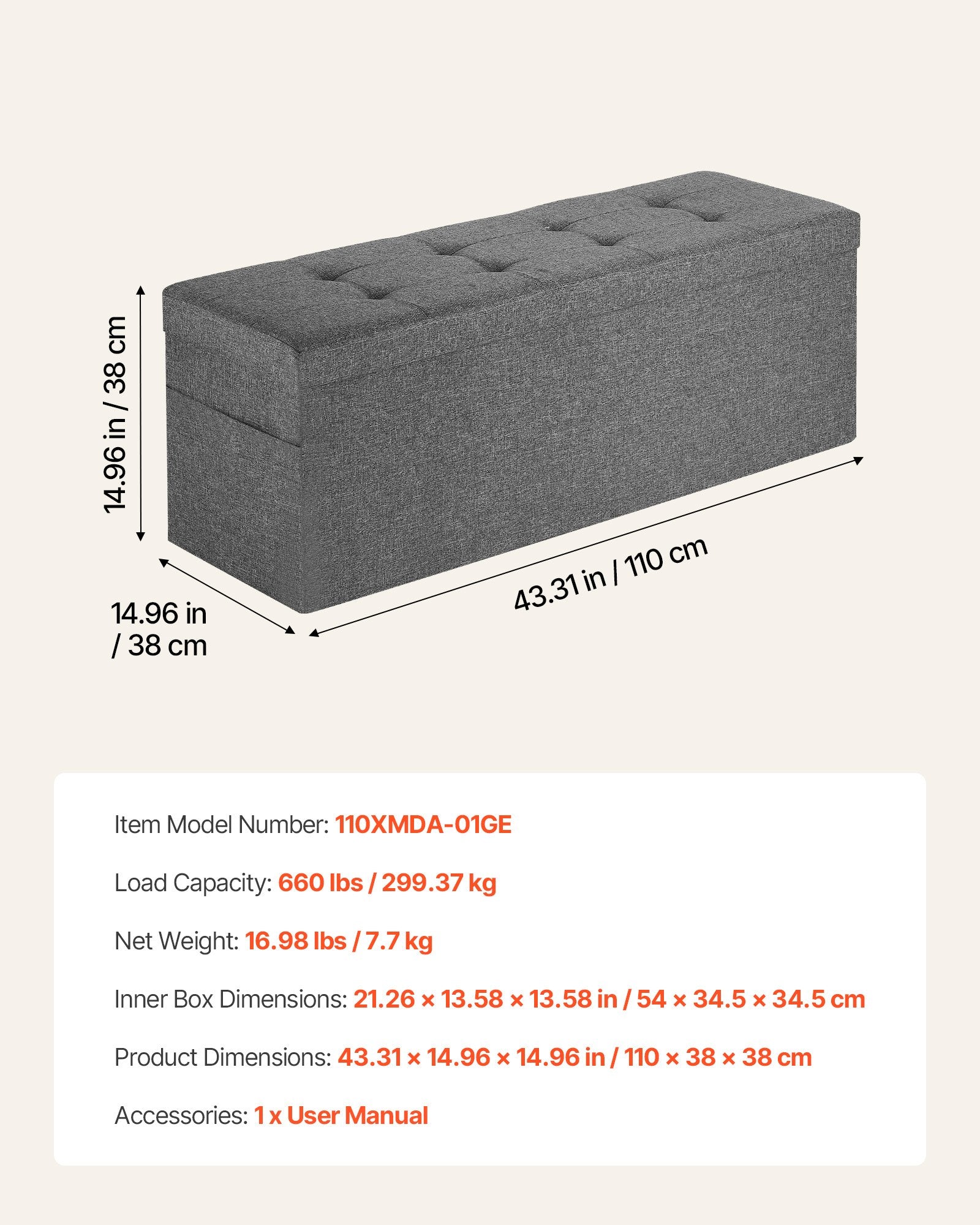 Harlow Foldable Storage Ottoman Bench – Grey