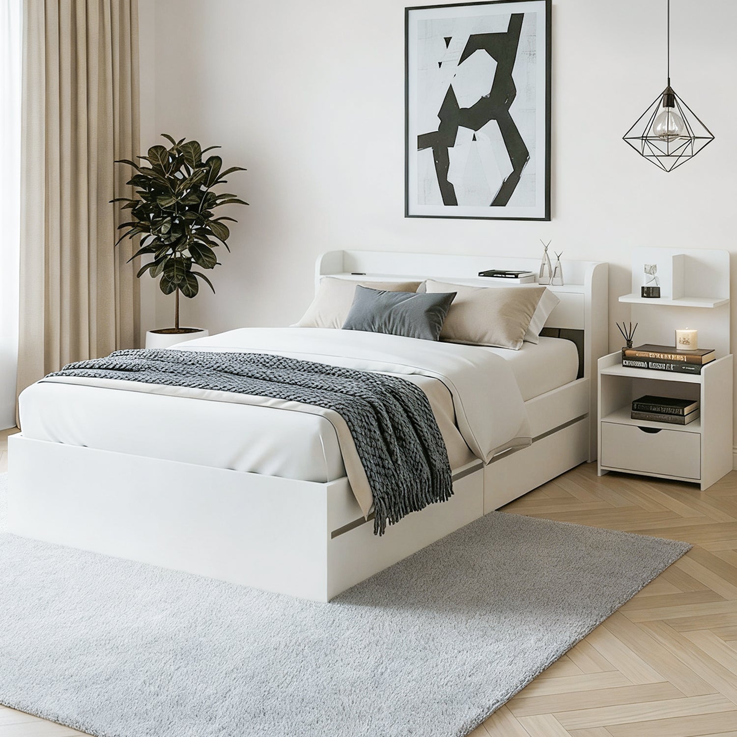 Aura Bed Frame & Bedside Table Set with USB Charging – White – Single