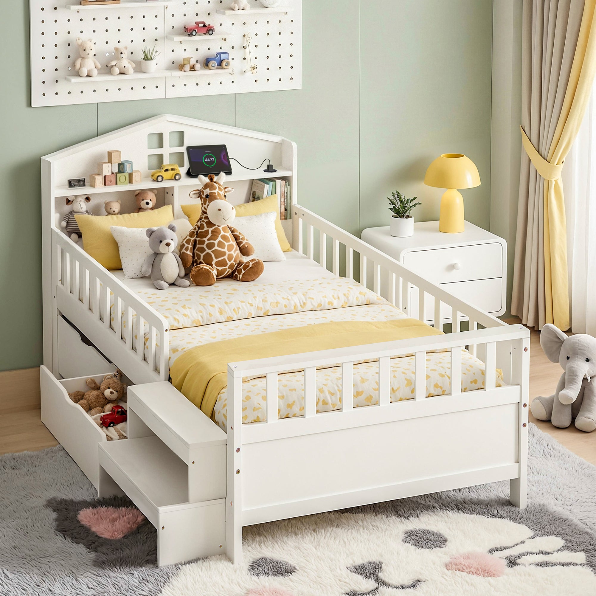 Arlo Bed Frame with 2 Storage Drawers, Montessori Bed with Headboard, 2 USB Ports & Led Light, Solid Wood Platform Bed Base with Safety Rail & Ladder, 31CM Under - Bed Storage, White – Single