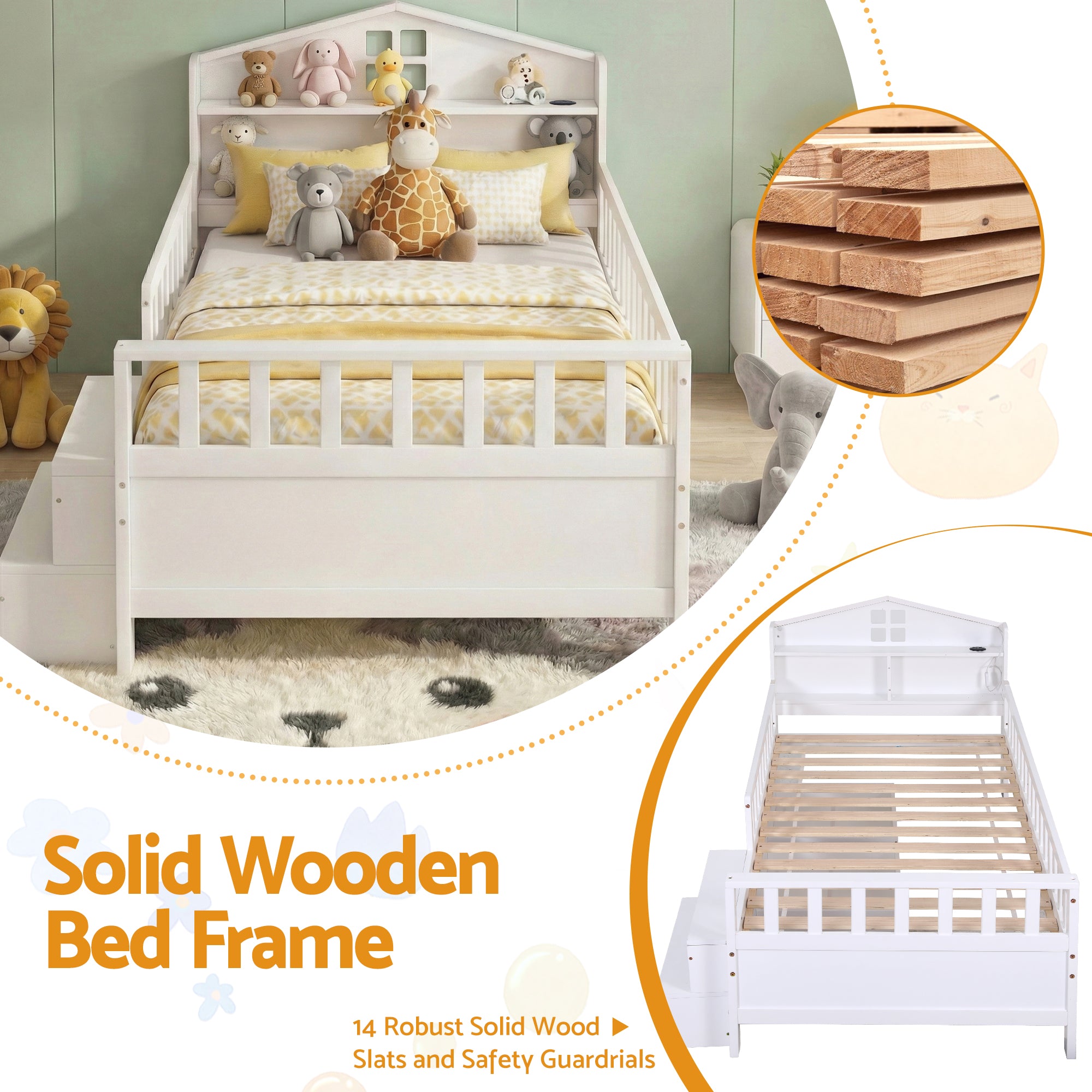 Arlo Montessori Bed Frame with Storage, LED & USB Ports – White – Single