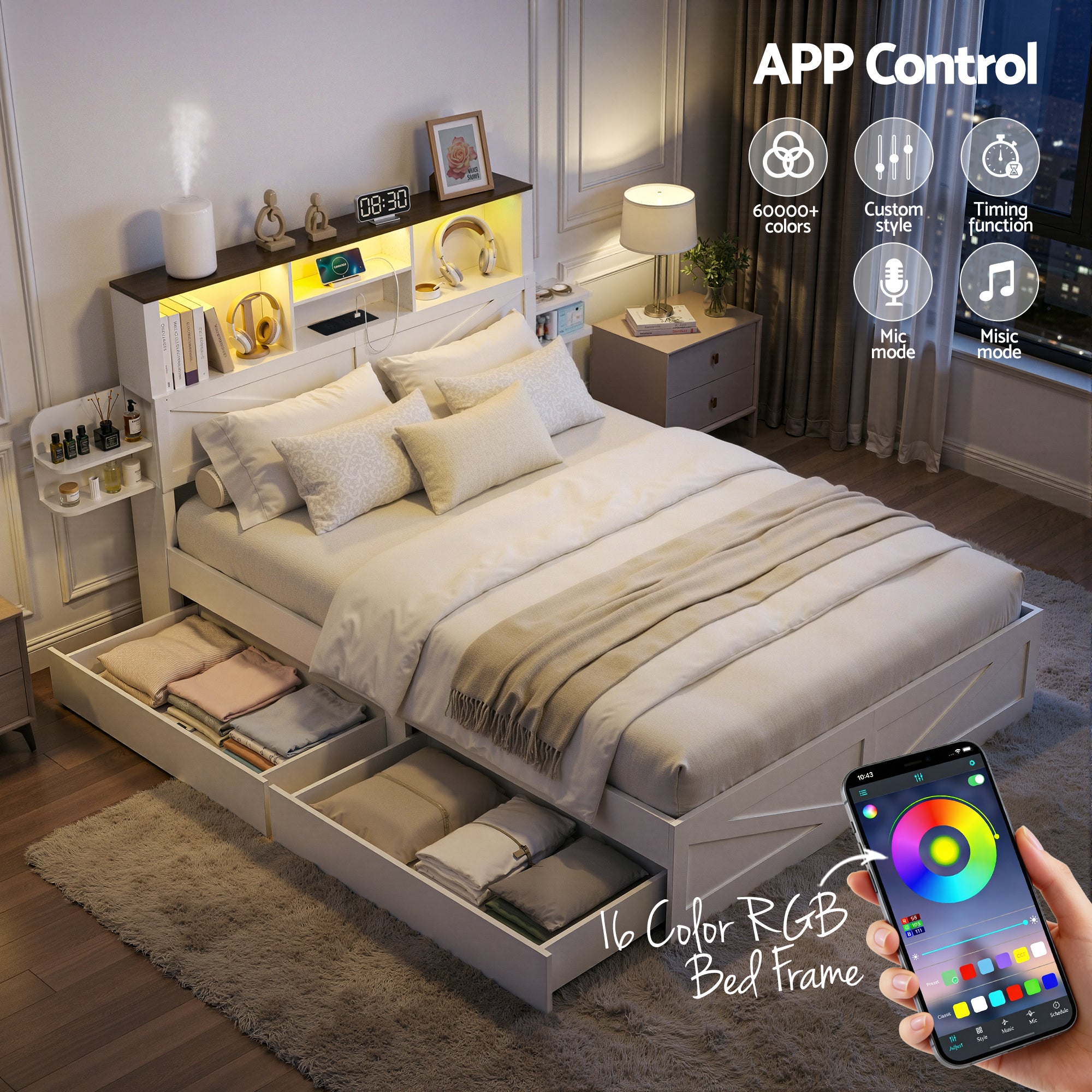Linden Bed Frame with Storage, LED & Charging Station – White – Double