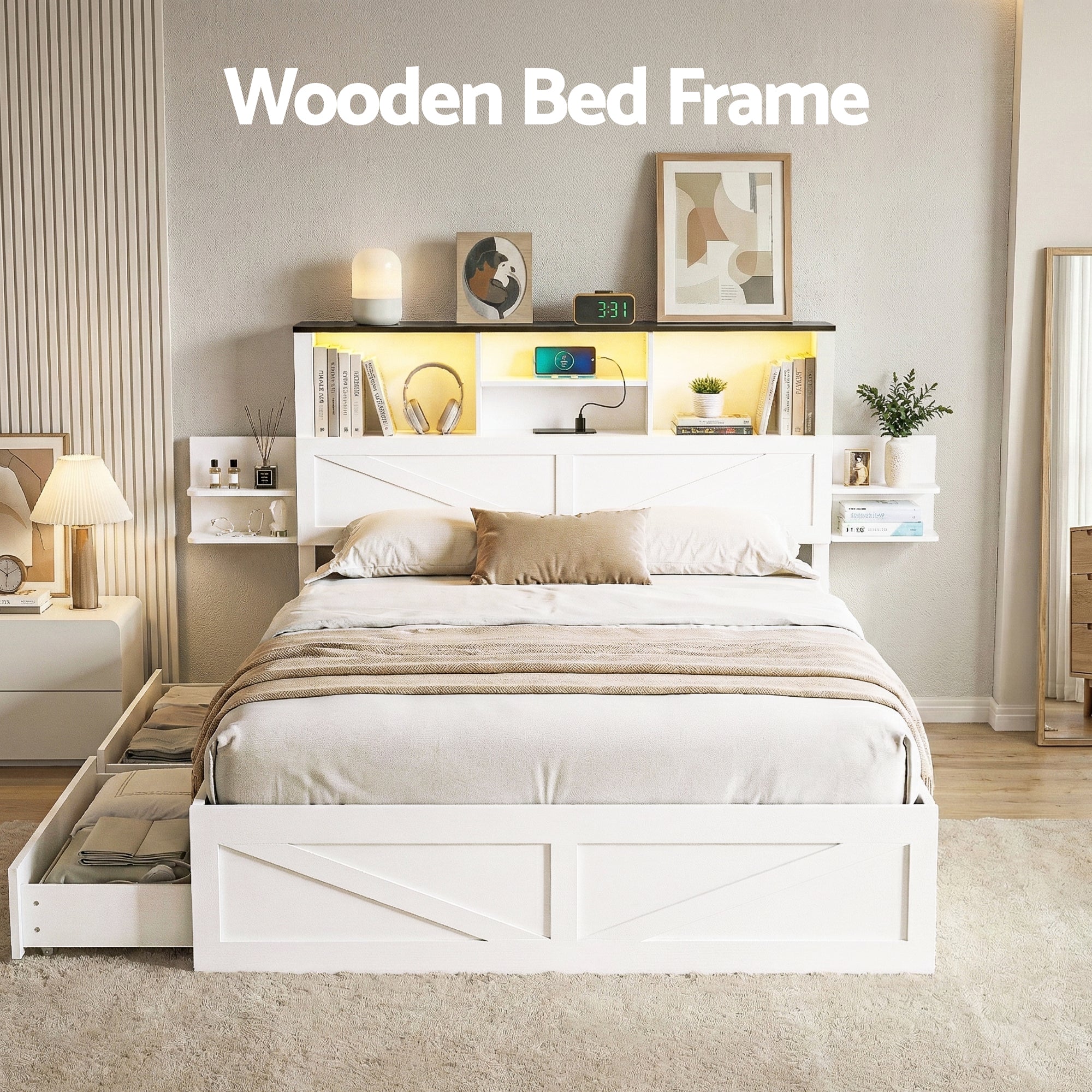 Linden Bed Frame with Storage, LED & Charging Station – White – Queen