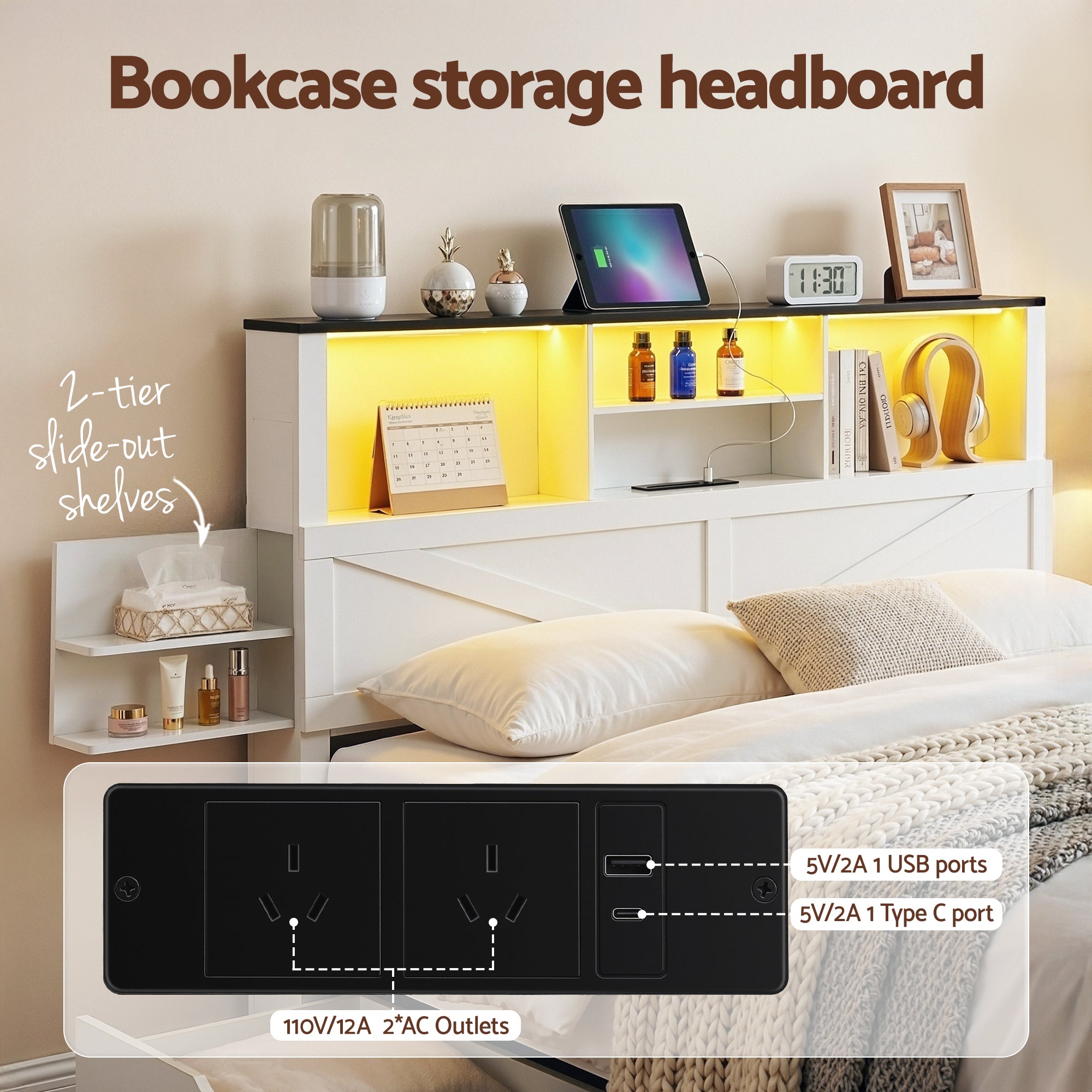Linden Bed Frame with Storage, LED & Charging Station – White – Queen