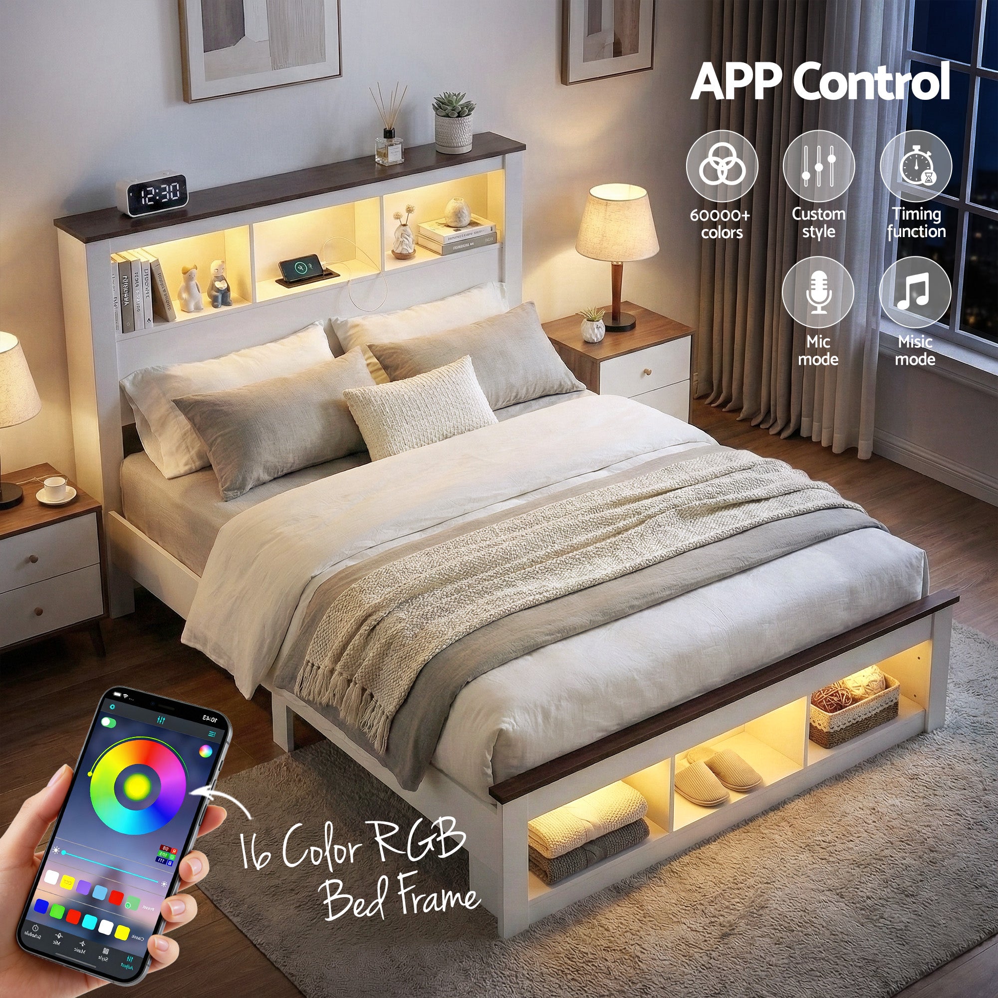 Linden Bed Frame with Storage, LED & Charging Station – White – Double