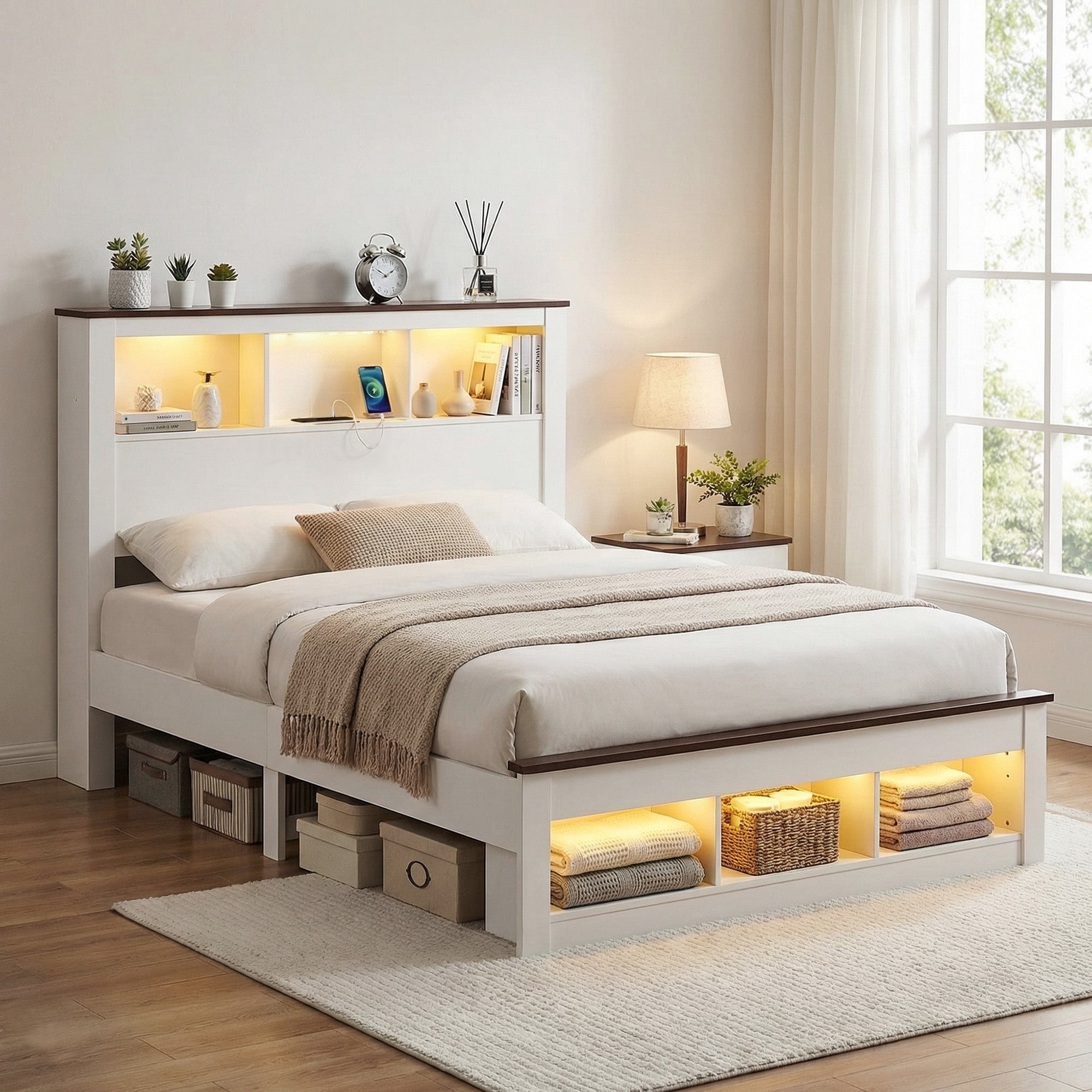 Nova Bed Frame with Storage Bookcase Headboard and Footboard White Wooden Platform Bed with Charging Station and Led Light Bedroom Furniture – Queen