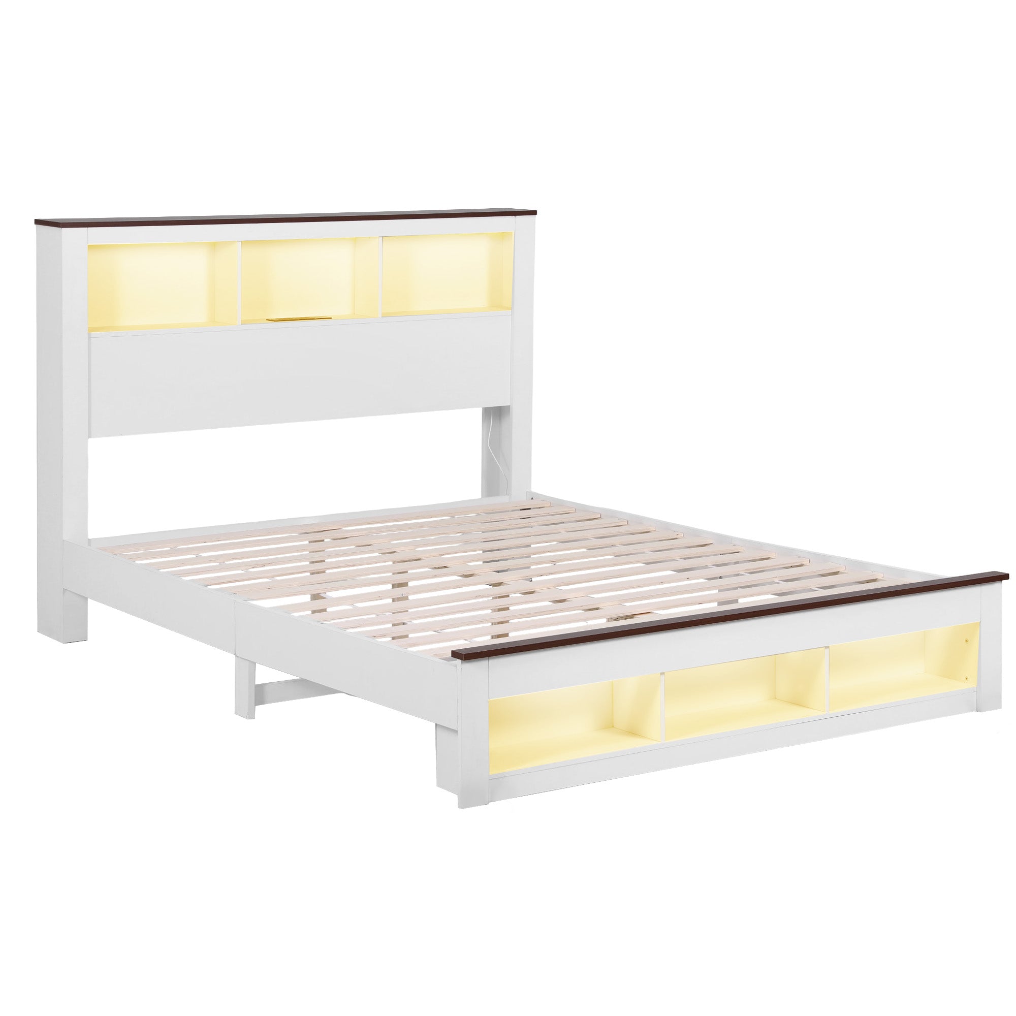 Nova Wooden Bed Frame with Storage, LED & Charging Station – White – Queen