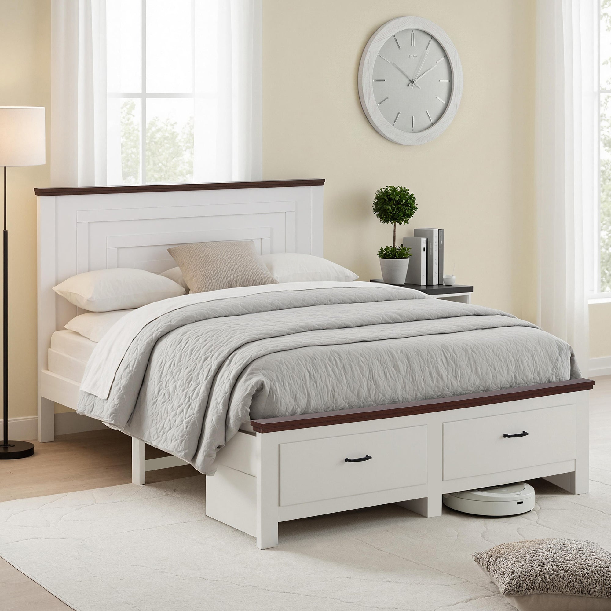 Linden Wooden Bed Frame with 2 Drawer Platform Bed with 108cm Solid High Headboard White Bed Base for Bedroom Easy Assembly – Double